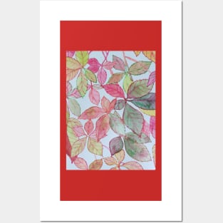 Pink red green yellow autumn leaves watercolour painting pattern Posters and Art